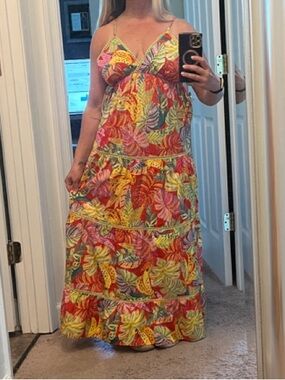 Vici Tropical Leaf Print Maxi Dress in Yellow & Pink